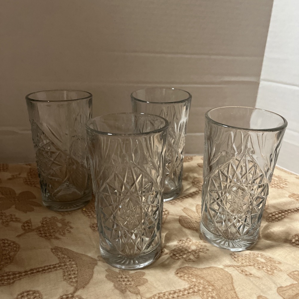 Set of 4 Libbey Hobstar Clear Pressed Glass Highball Glasses Tumblers 16 oz EUC